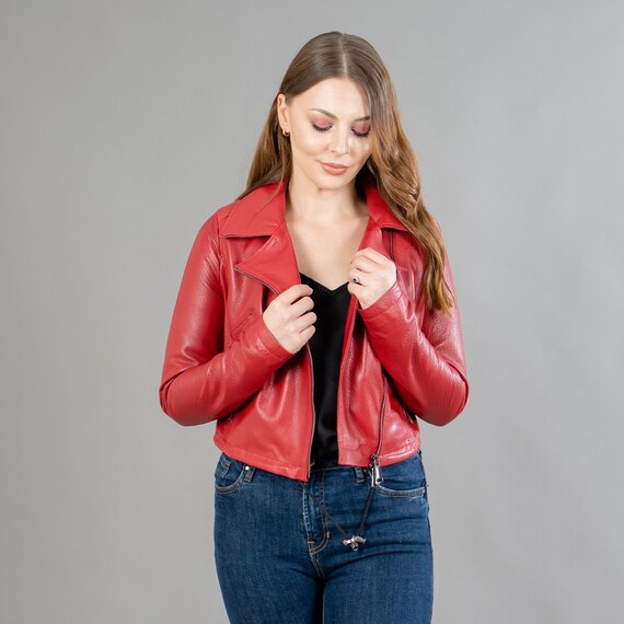 red short leather jacket