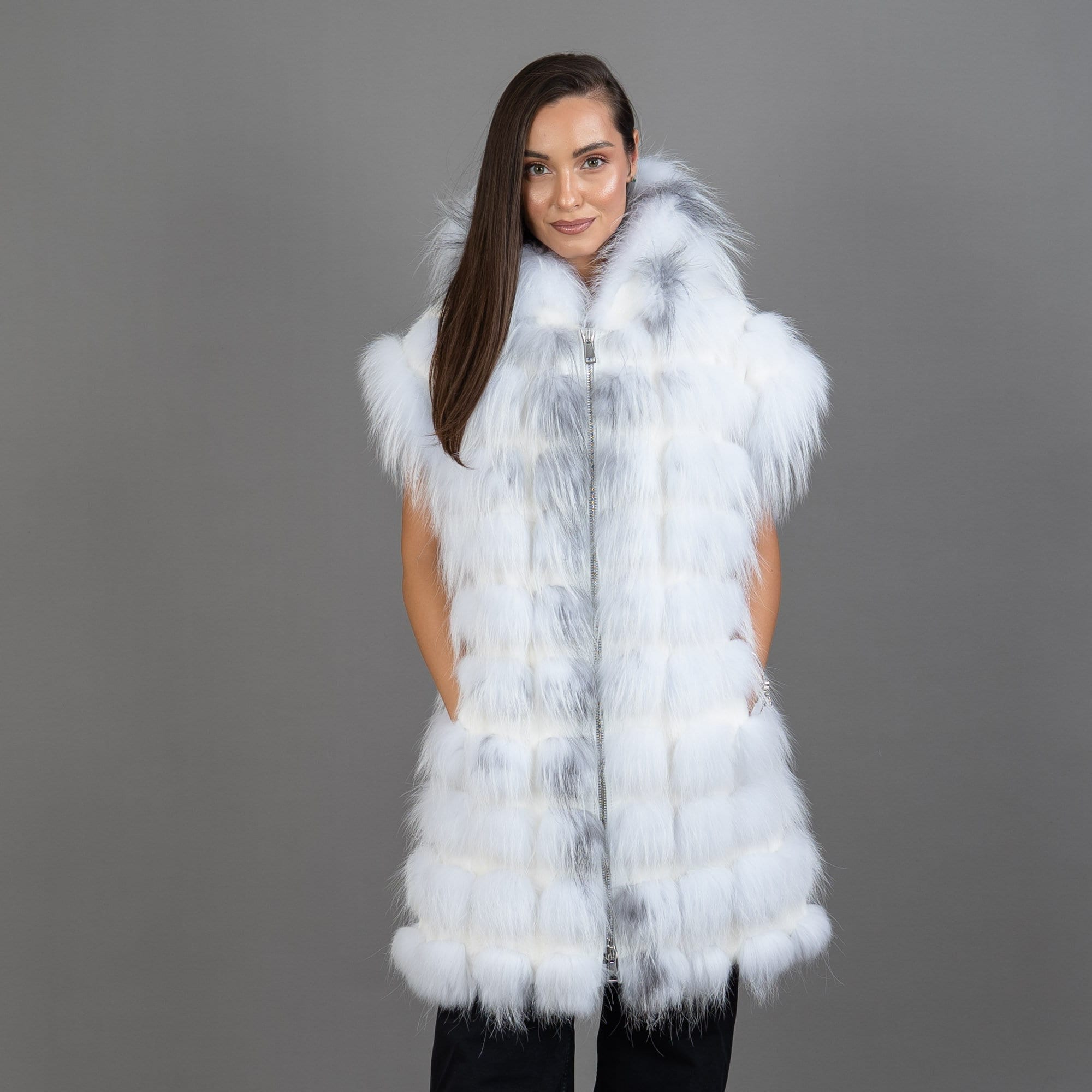 Hooded White Fox Fur Coat: Detachable Leather Sleeve Vest - Etsy
