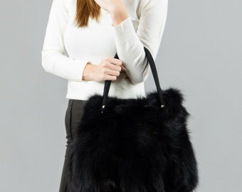 Luxurious Black Fox Fur Handbag - Must-have Fluffy Tote for Luxurious Black Fox Fur Handbag - Must-have Fluffy Tote for