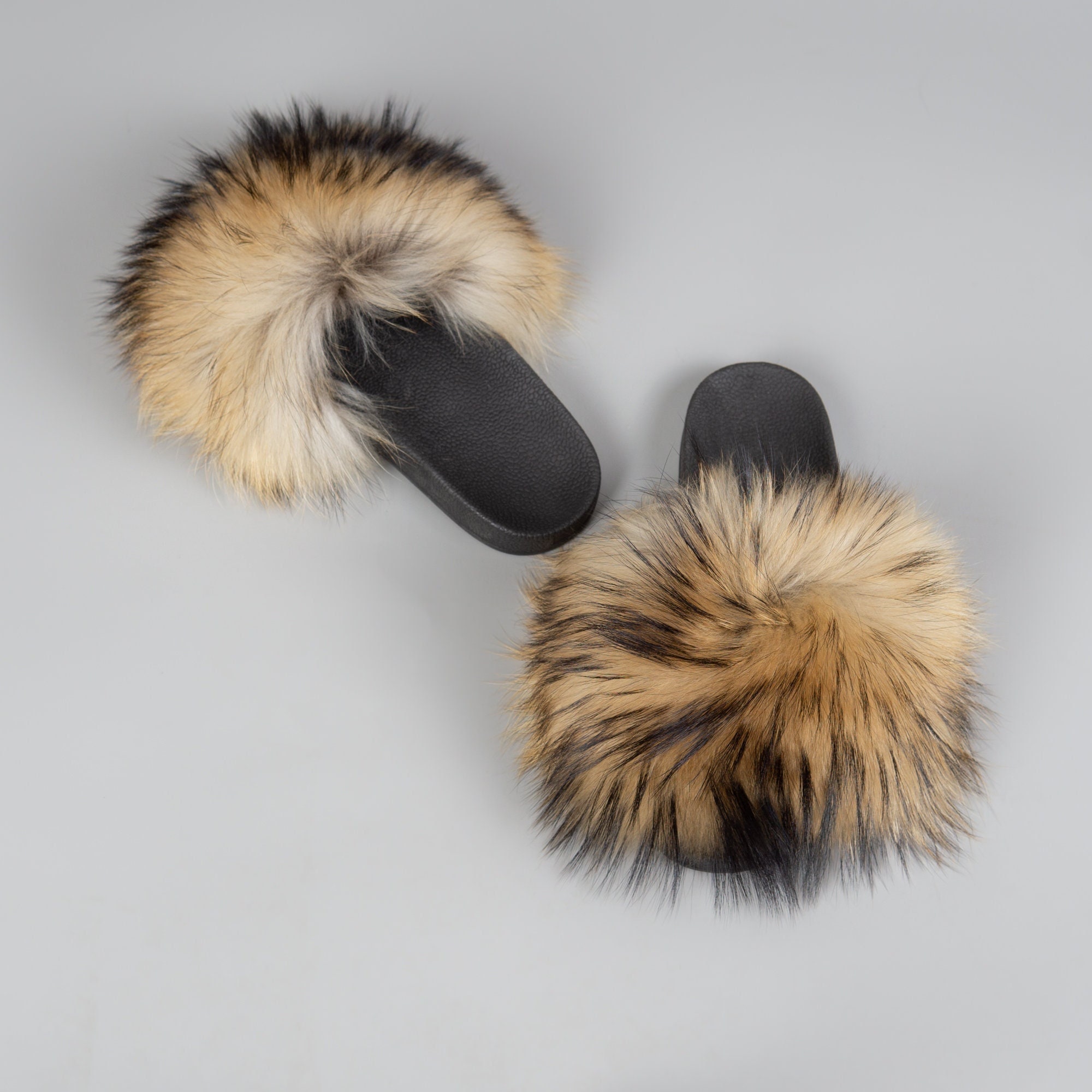 Raccoon Fur Slippers Slides For Women Open Toe Fuzzy Fur Slippers