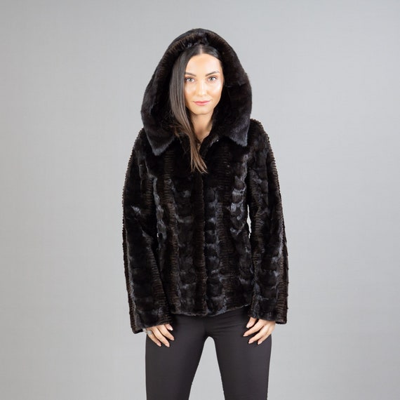 Black Hooded Mink Fur Jacket With A Leather Belt | Etsy