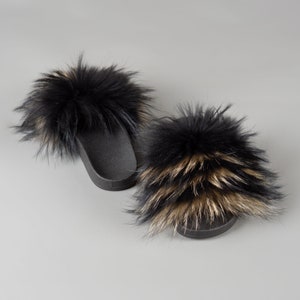 Fox Fur Slides In Black Gold Color Fluffy Fur
