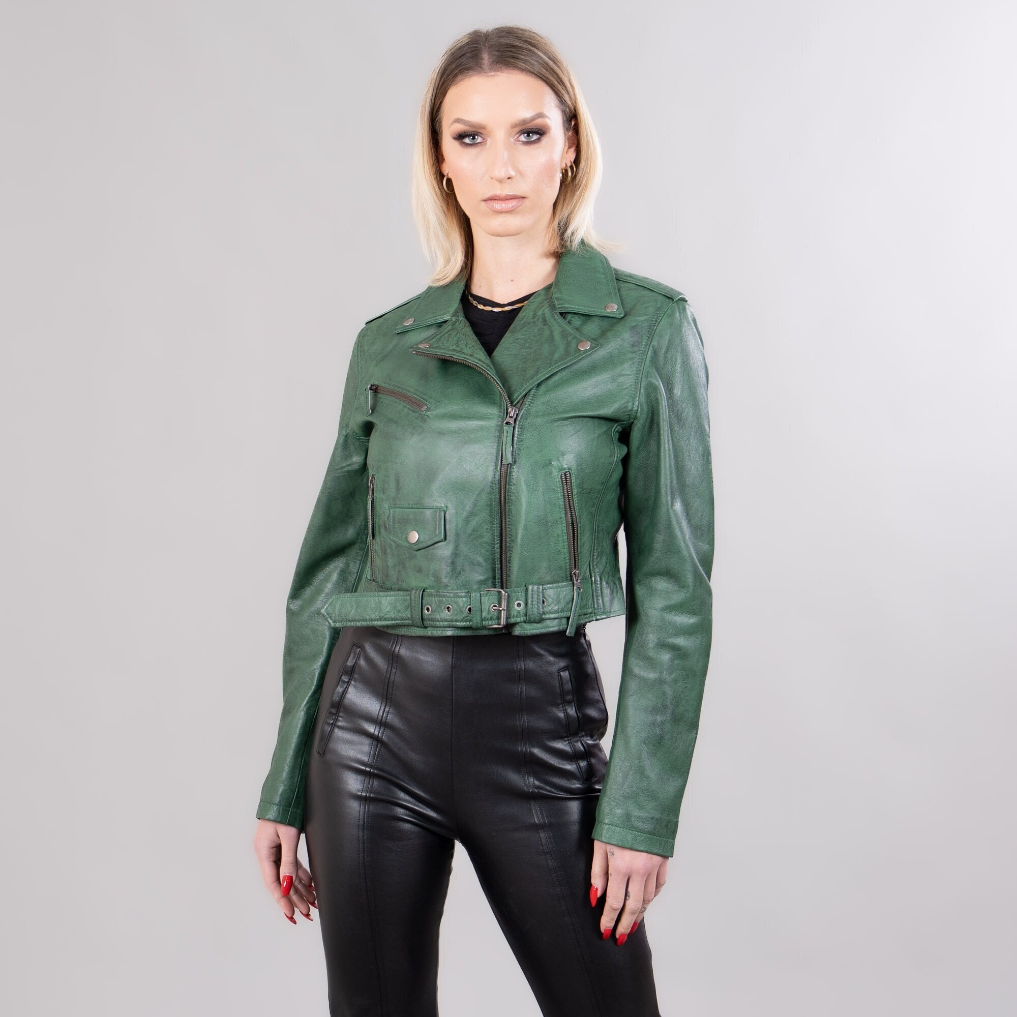 Short Leather Jacket in Green Color - Etsy Short Leather Jacket in Green Color - Etsy