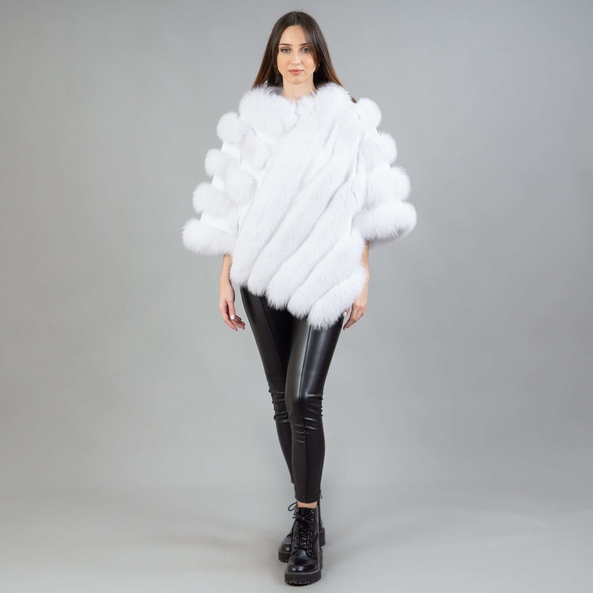 Real Fox Fur Cape Coat In White Color With Lambskin Details Womens Winter Coats Warmthumbnail