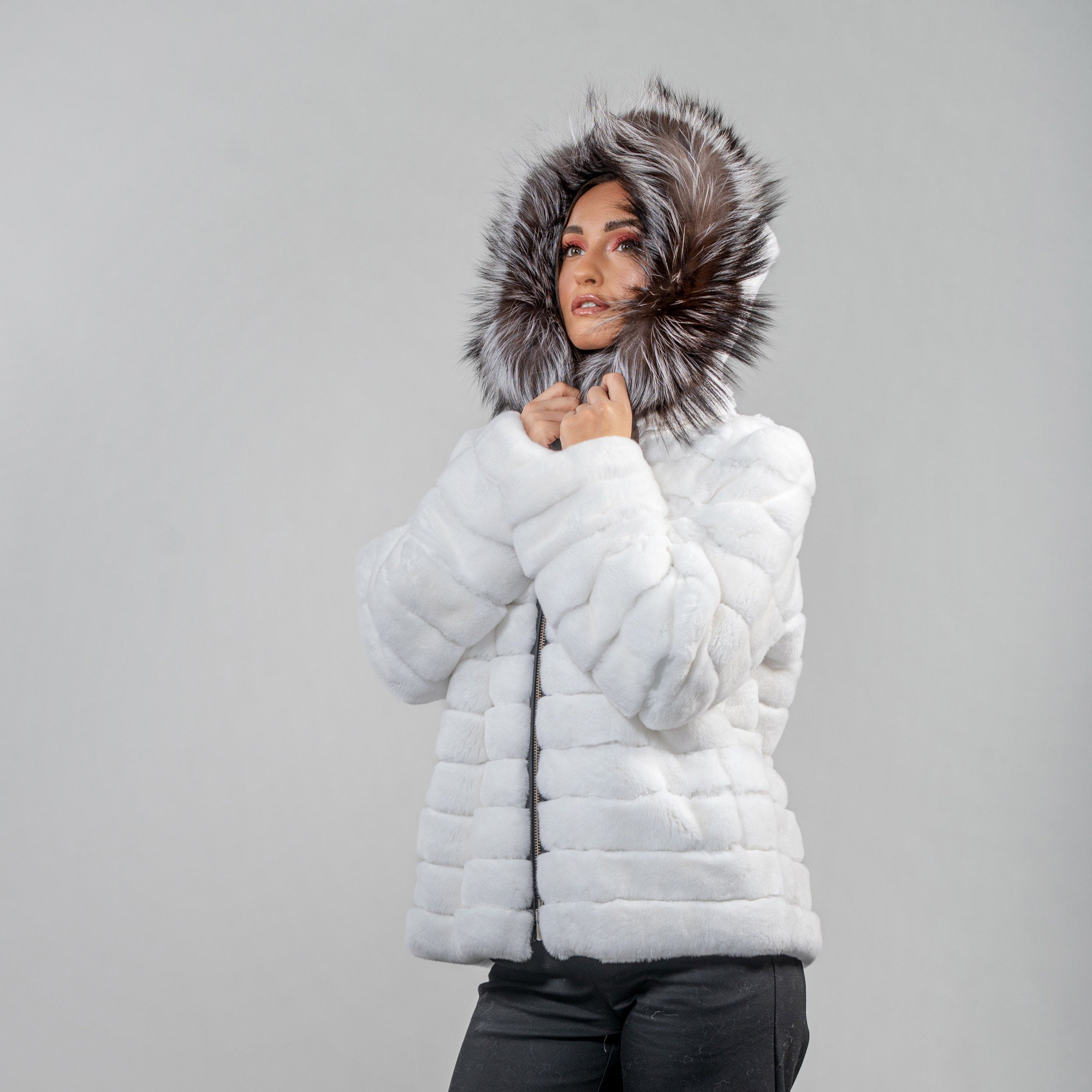 Rabbit Fur Jacket With Fox Fur Details in White Color - Etsy Rabbit Fur Jacket With Fox Fur Details in White Color - Etsy