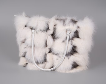 White Fox Fur Handbag With Gray Patterns And Leather Details