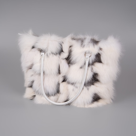 White Fox Fur Handbag With Gray Patterns and Leather Details - Etsy