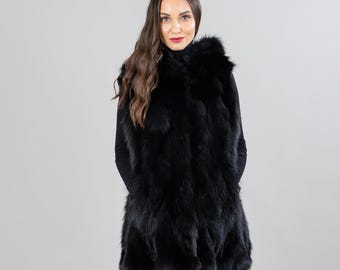 Black Fox Fur Vest With A Hood