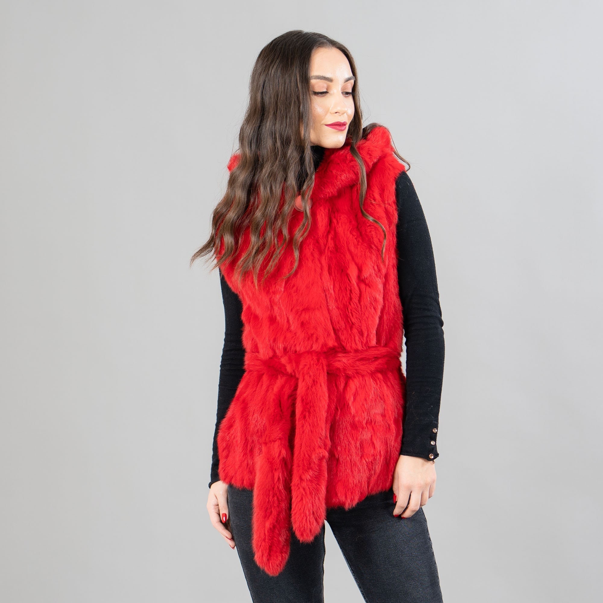 Genuine Rabbit Fur Hooded Vest in Red Color 