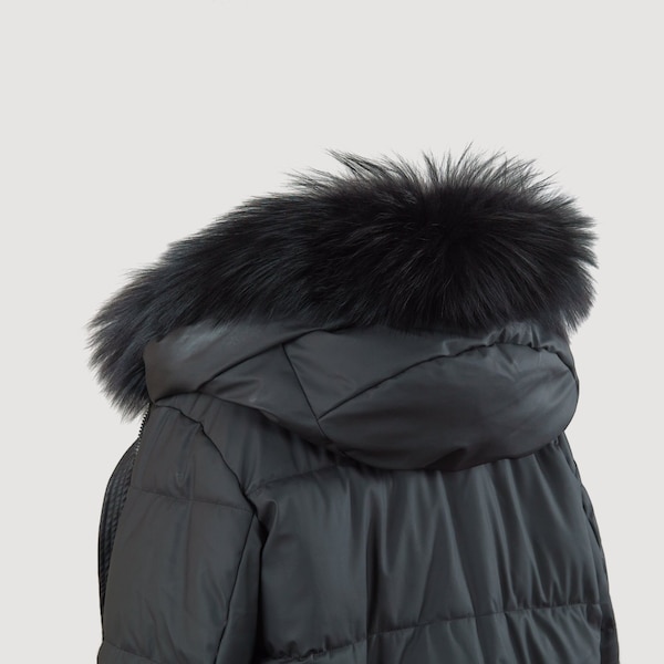 High-Quality Real Black Fox Fur Hood Trim for Warmth and Radiant Shine on Your Jacket