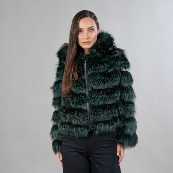 ◇ファー付きコート◇Lサイズ グリーン フォックスファー 毛皮コート
