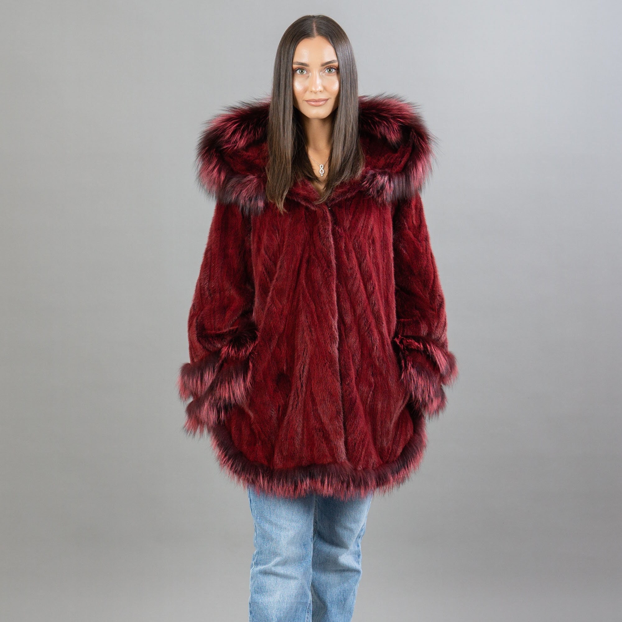 Burgundy Mink Fur Jacket With Fox Fur Details 