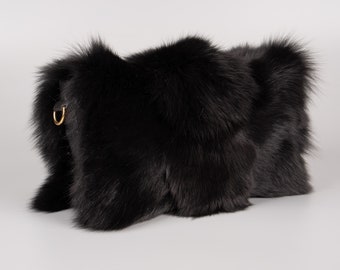 Luxurious Adjustable-Strap Crossbody Bag in Black Fox Fur with Removable Hardware