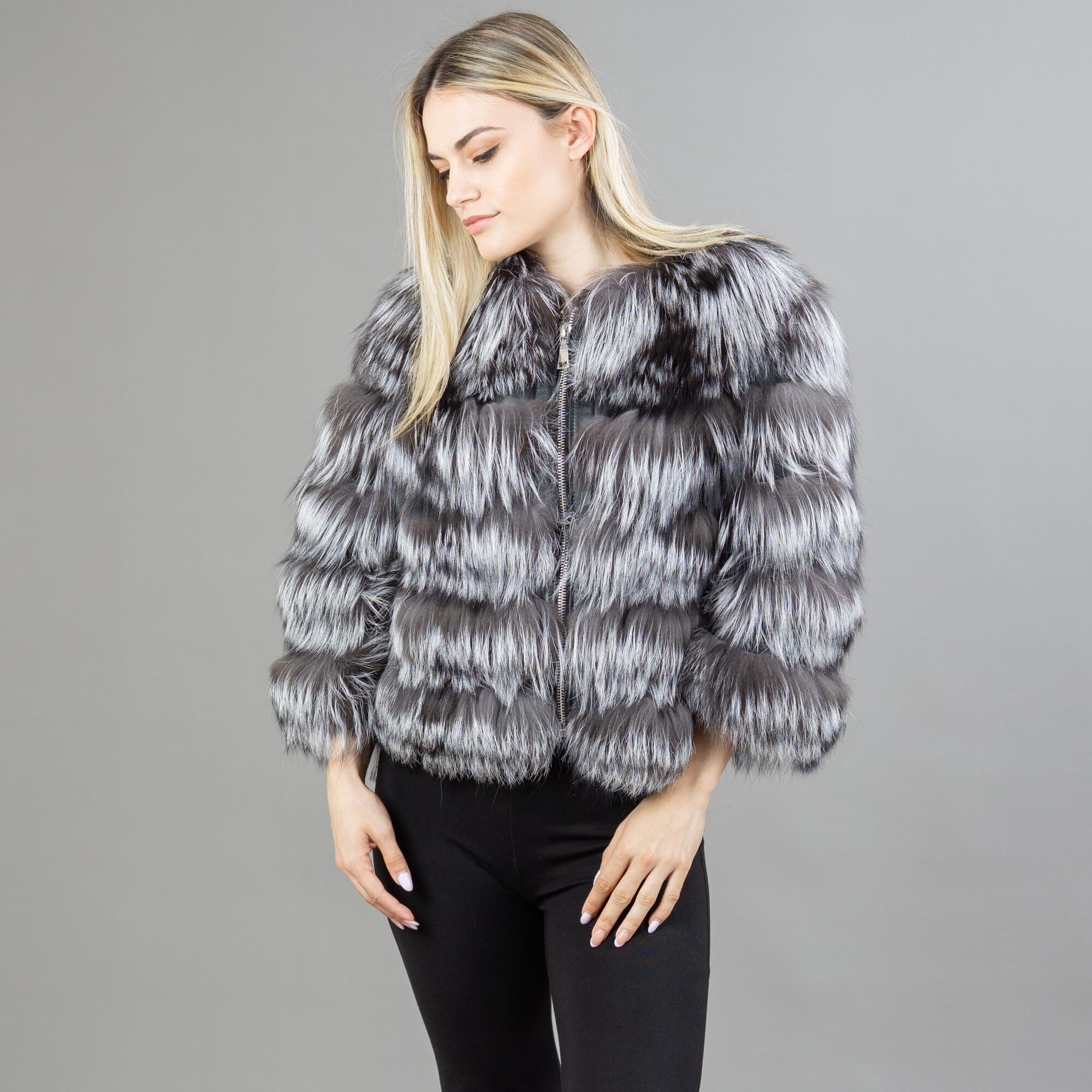 Silver Fox Fur Jacket With Leather Stripe Details - Etsy