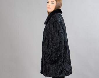 ジャケット Black Fur Astrakan Collar Jacket Astrakhan Fur Jacket Wide Collar.100% Real Fur Coats and