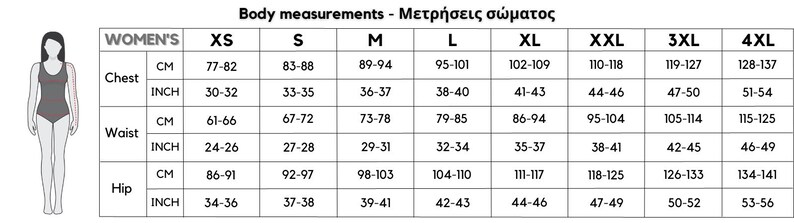 May include: A size chart for women's clothing with measurements in inches and centimeters for chest, waist, and hip. The chart includes sizes XS through 4XL.