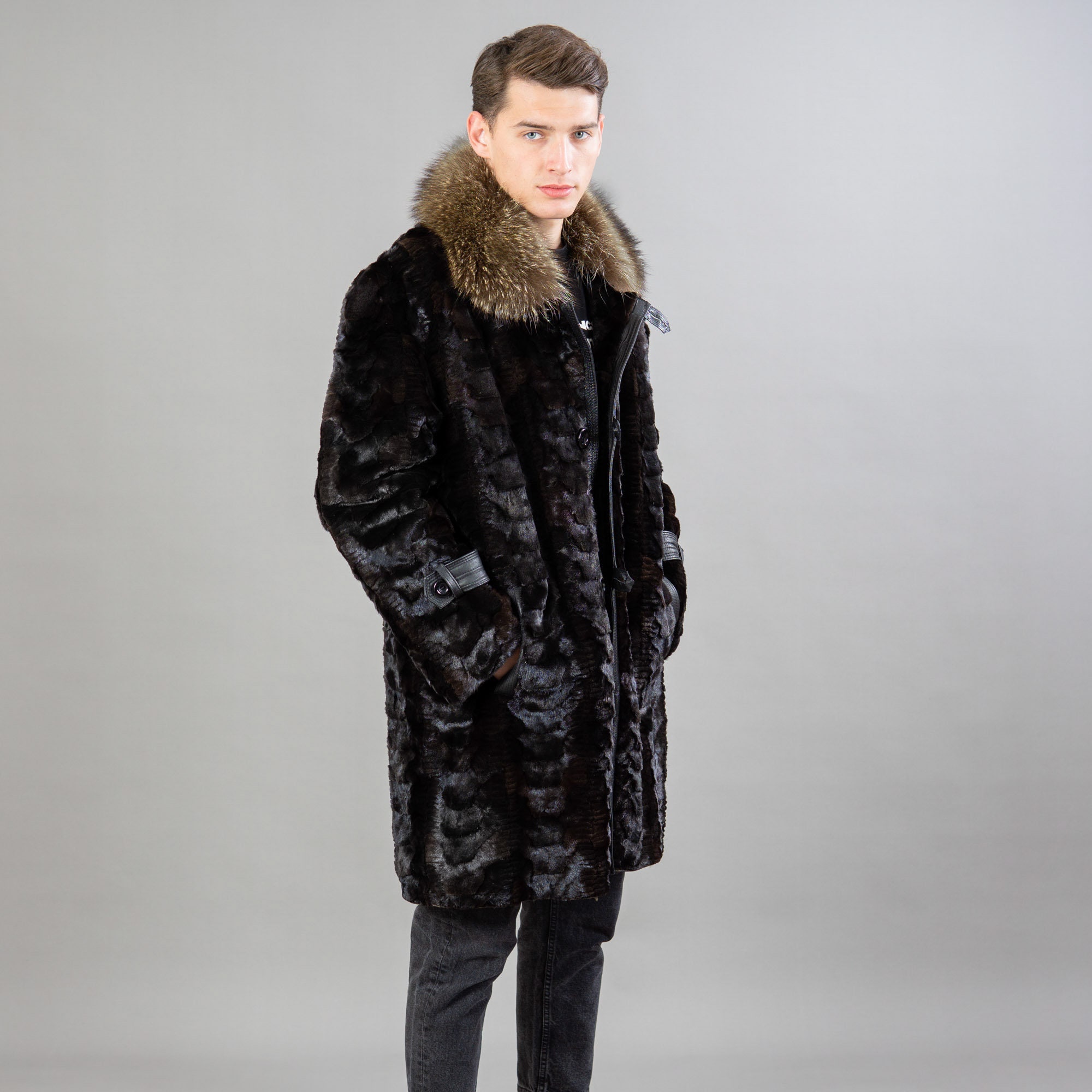 Men Winter Mink Fur Coat in Black Color With Raccoon Fur - Etsy