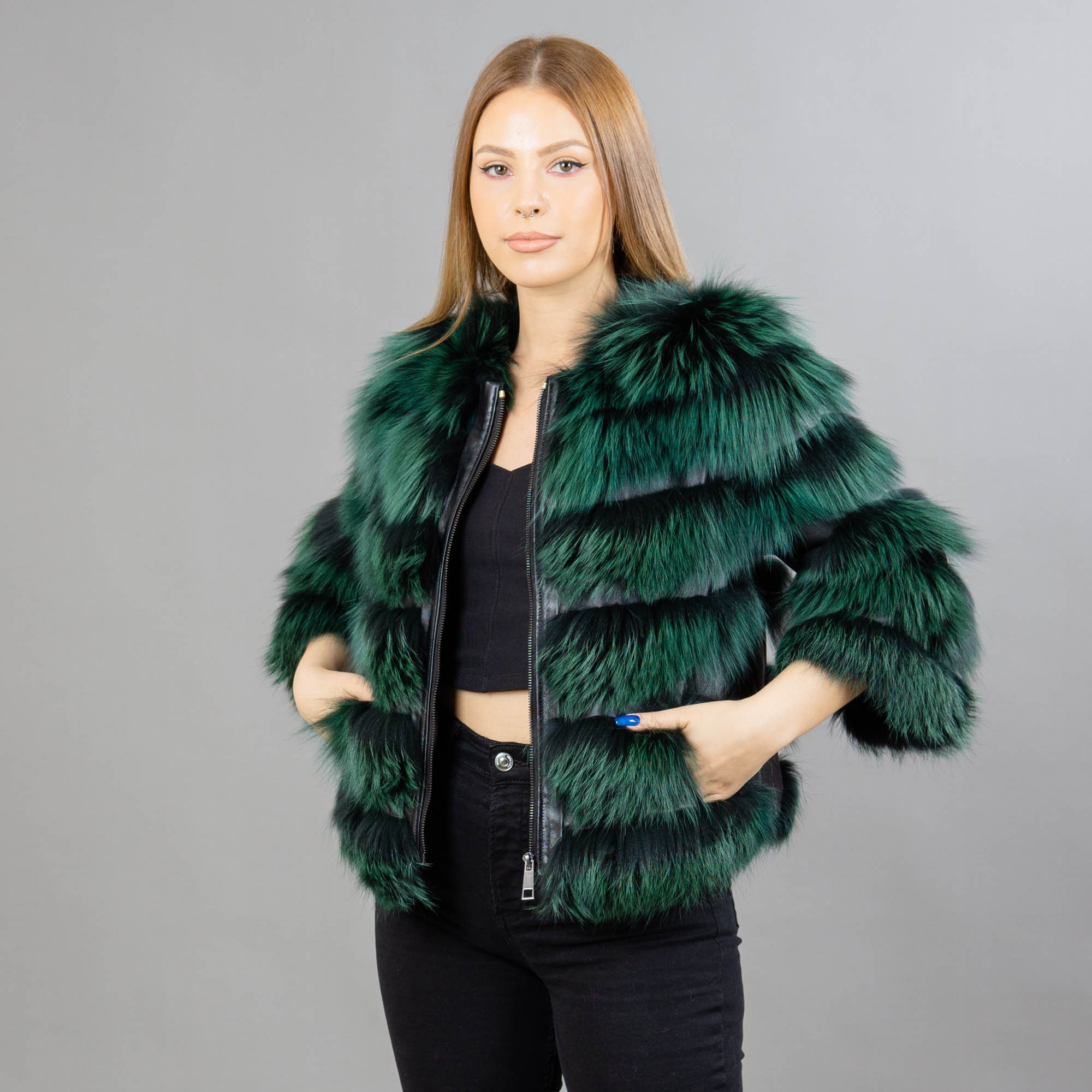 Real Fox Fur Jacket in Green Color With Leather Details - Etsy