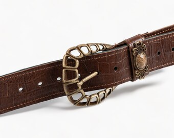 Leather belt with a decorative stone in brown color