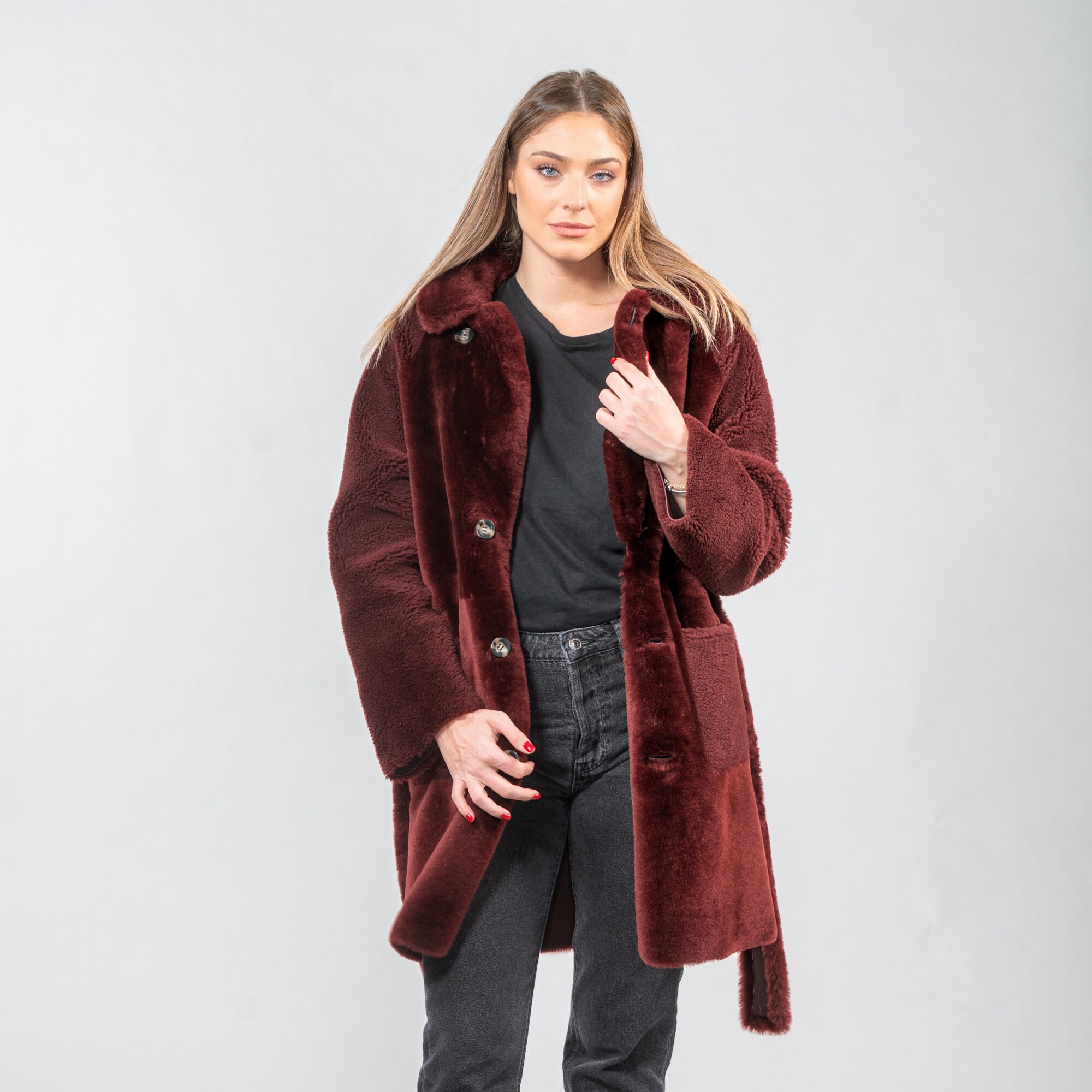 Burgundy sheepskin coat sale