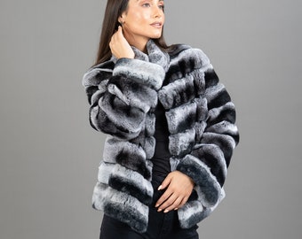 ジャケット・アウター think fur Rex Like Fur Cocoon Coat Amazon.com: Rex Rabbit Chinchilla Fur Jacket - Super Soft
