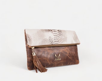 Tan and White Pull-Up Leather Envelope Clutch