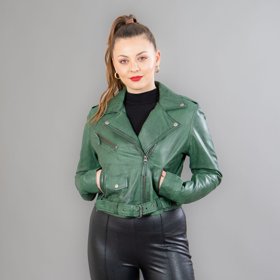 Short Leather Jacket in Green Color - Etsy