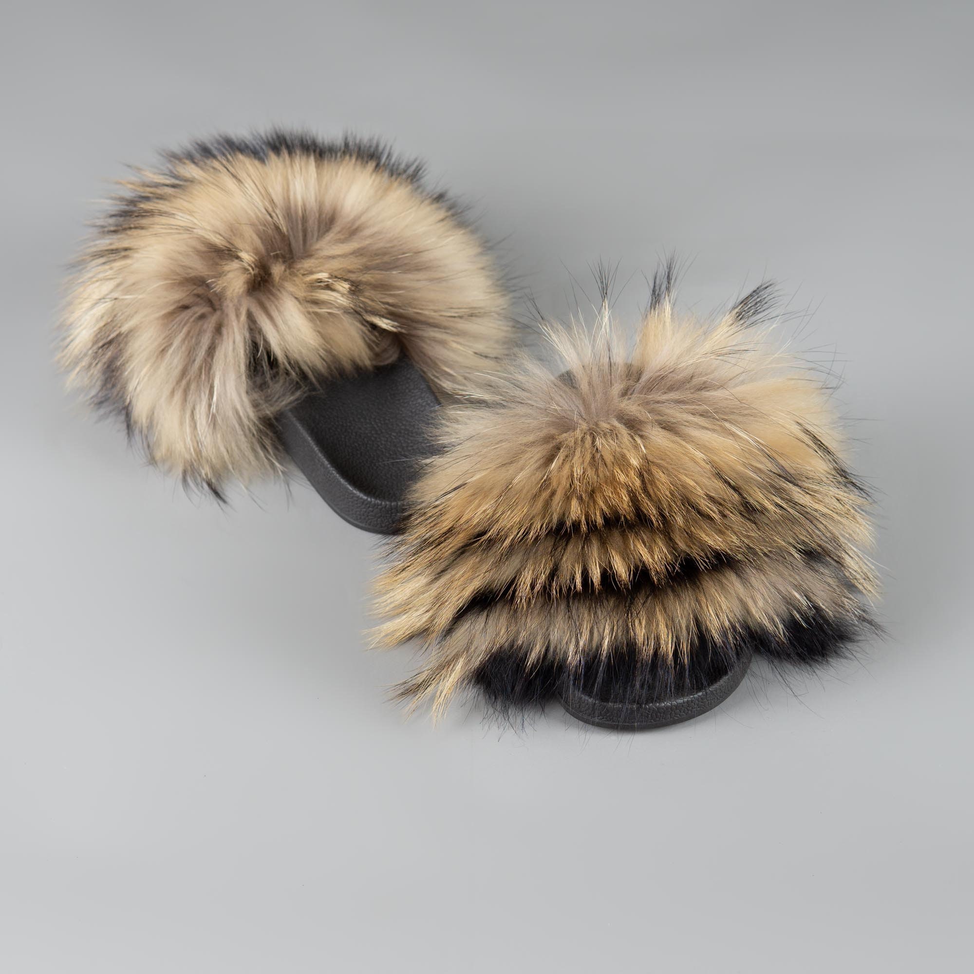 REAL FUR Slippers Flush Soft Raccoon Fox Fur Slides for Women