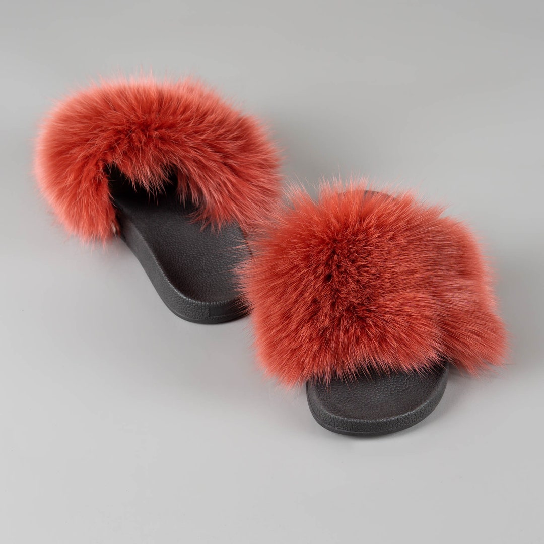 Faux Fox Diy Fuzzy Slides Fox Fur Slides In Red Color Fluffy Fur