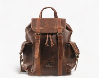 Leather brown large backpack