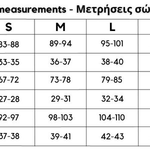 May include: A size chart for women's clothing with measurements in inches and centimeters. The chart includes sizes XS through 4XL and measurements for chest, waist, and hip.