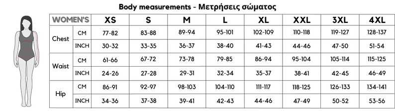 May include: A size chart for women's clothing with measurements in inches and centimeters. The chart includes sizes XS through 4XL and measurements for chest, waist, and hip.