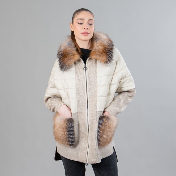 Beige Alpaca Jacket With Fox Fur Details Etsy
