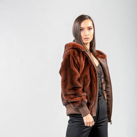 Real Mink Fur Jacket With A Hood in Brown Color 