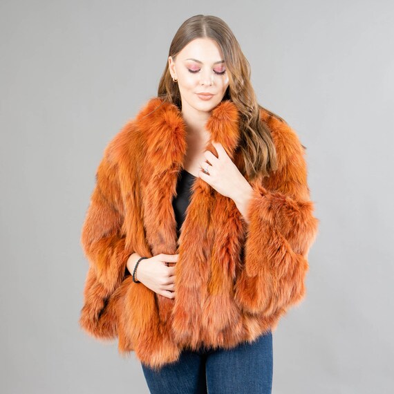 Genuine Fox Fur Cape Coat in Orange Color With A Fluffy Fur Collar