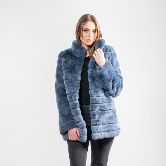 Blue Jean Colored Hooded Mink Fur Coat