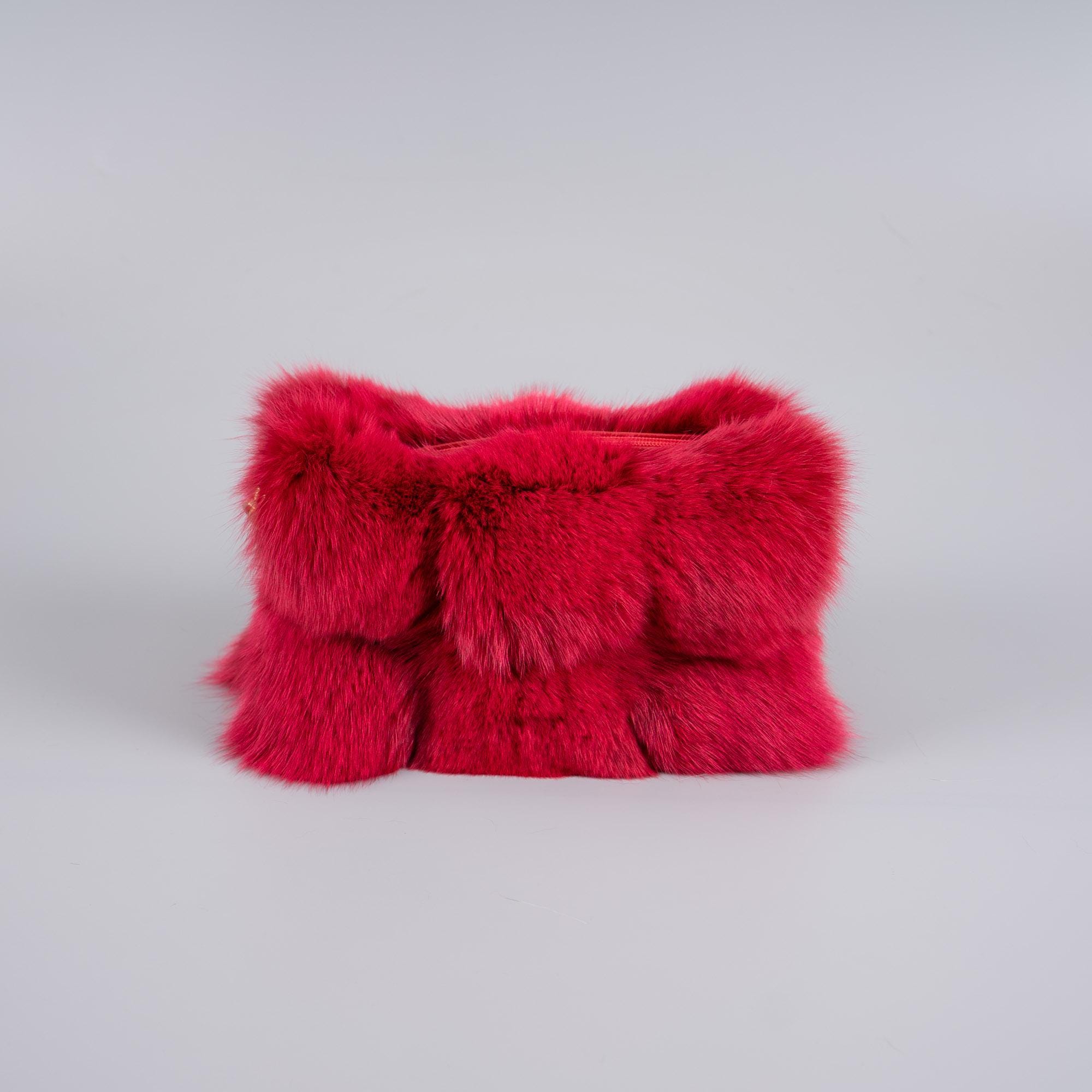 Luxurious Crimson Red Fox Fur Handbag With Chain and Strap Options