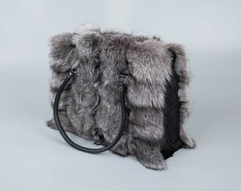 Silver Fox Fur Handbag With Rabbit Fur Details