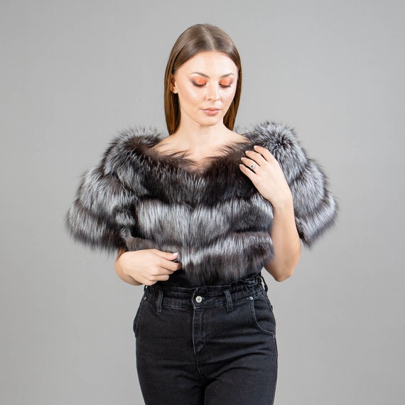 Real Silver Fox Fur Shawl With Rabbit Fur Details