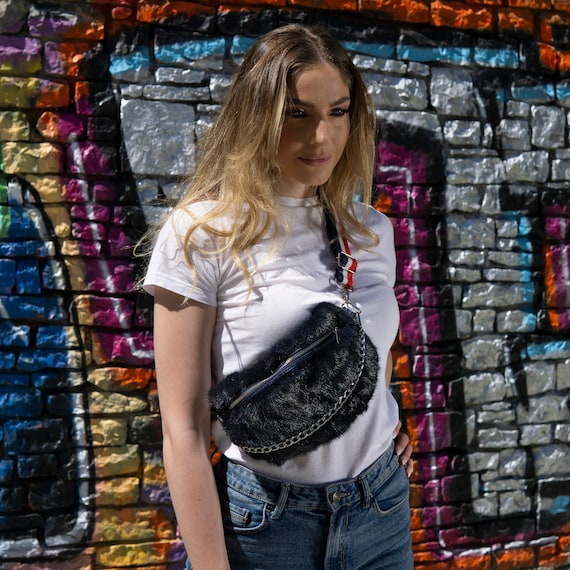 Blue black Mink Fur Crossbody Bag With Chic Silver Chain Etsy