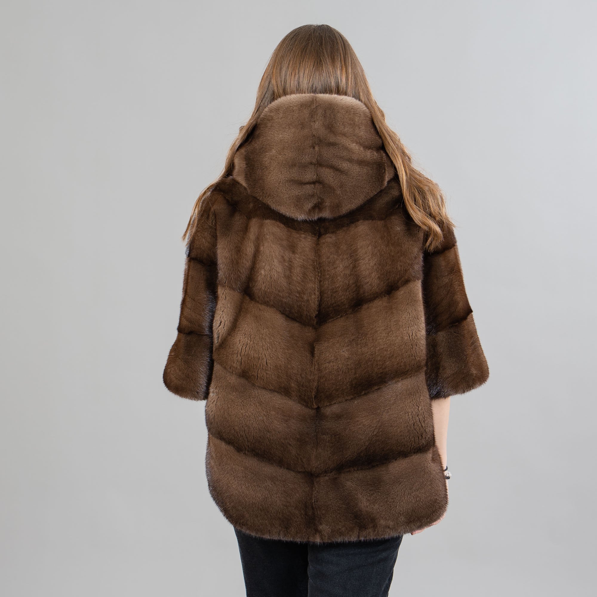 Mink Fur Jacket With a Hood in Brown Color 