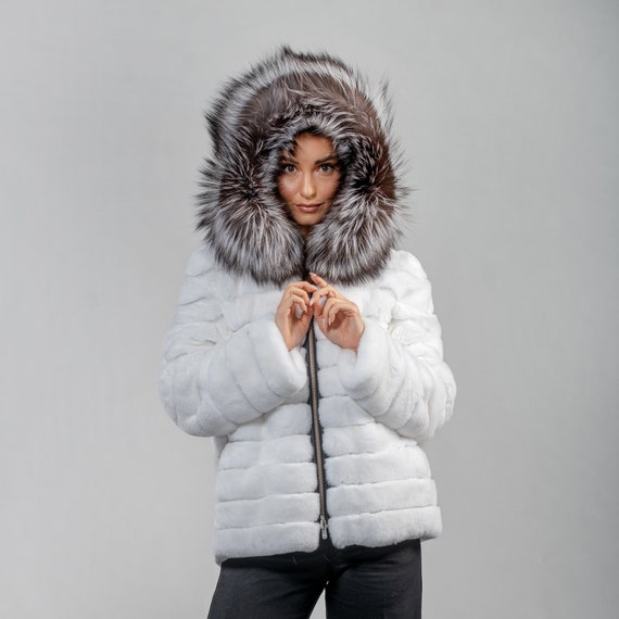 Rabbit Fur Jacket With Fox Fur Details in White Color - Etsy Rabbit Fur Jacket With Fox Fur Details in White Color - Etsy