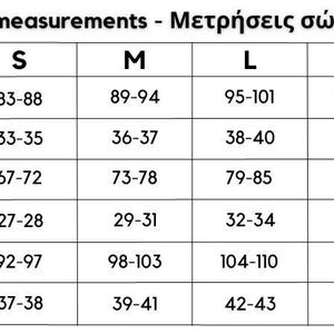 May include: A size chart for women's clothing with measurements in inches and centimeters. The chart includes sizes XS through 4XL and measurements for chest, waist, and hip.