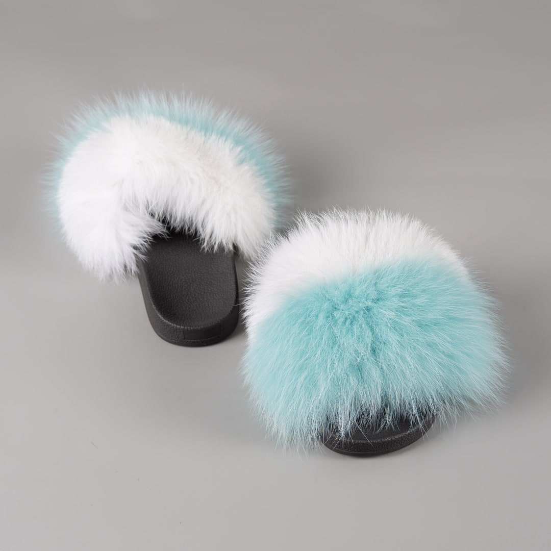 Baby Blue Faux Fur Slide Faux Fur Light Blue Rhinestone Slides