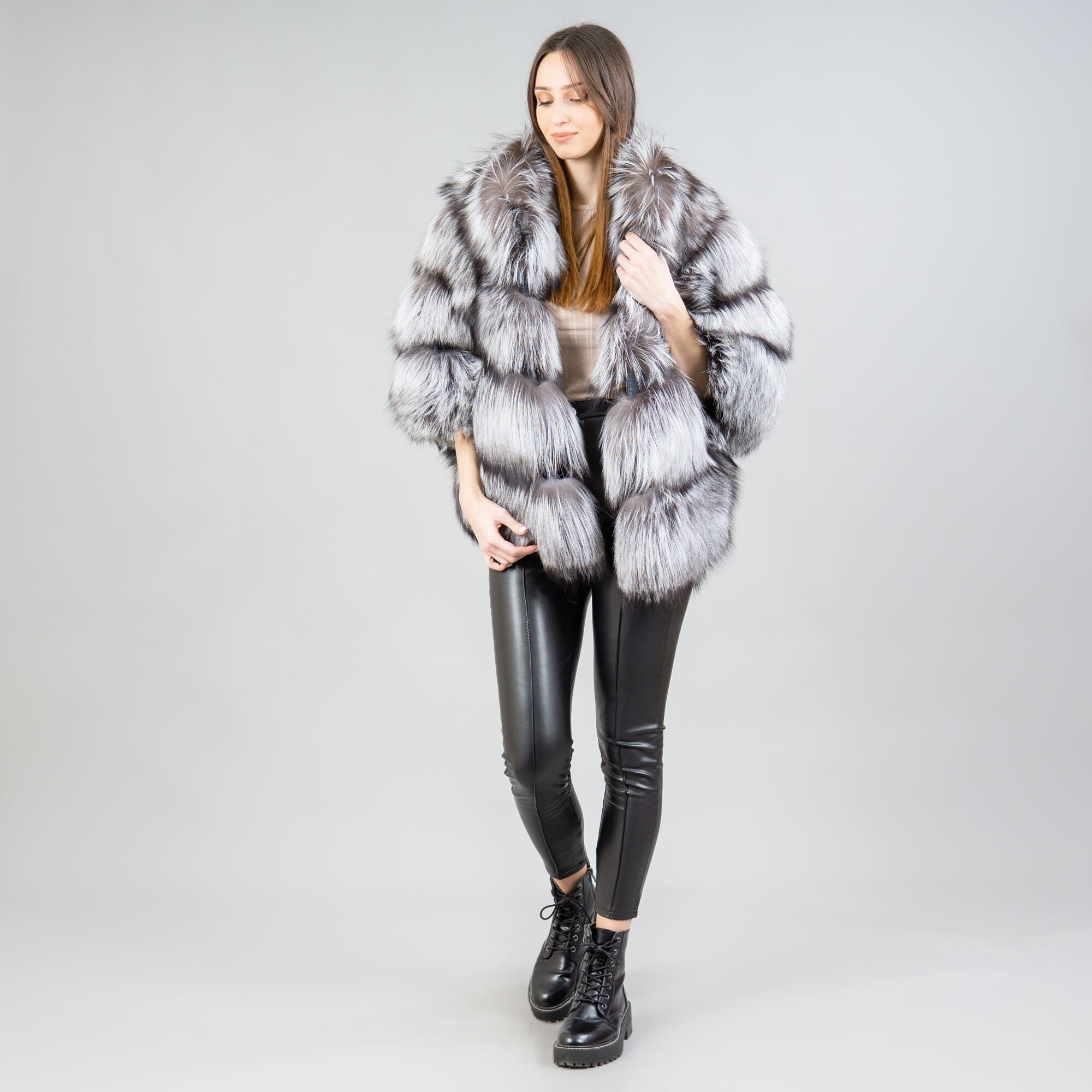 Fox Fur Cape in Silver Fox Color Women's Winter Fur Jacket