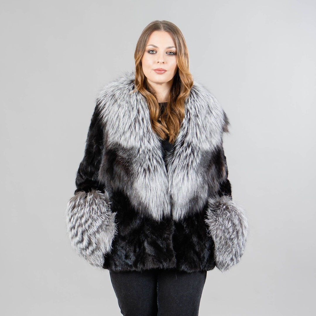 Real Mink Fur Black Jacket With Silver Fox Fur Details - Etsy
