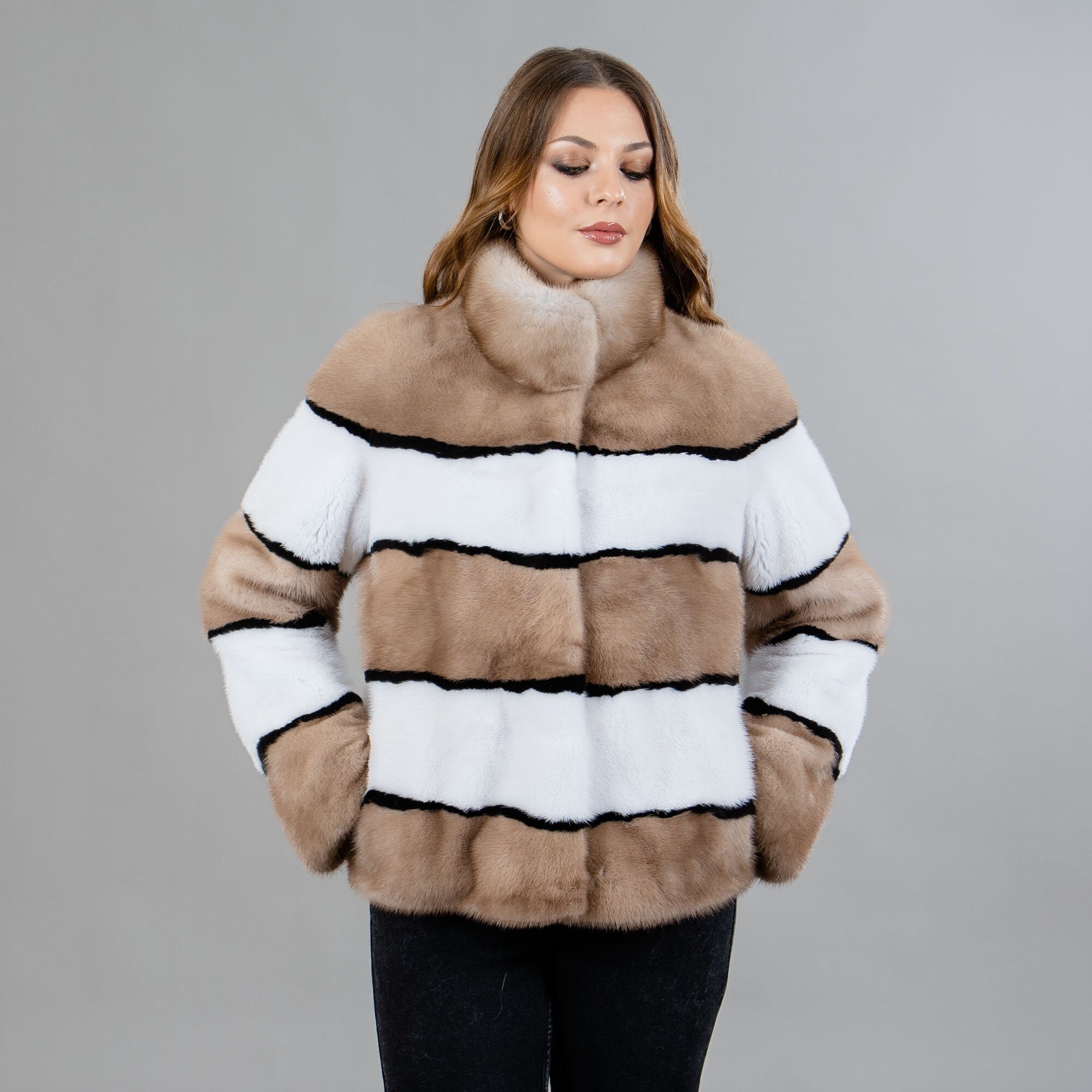 Brown-white Striped Mink Fur Jacket - Etsy