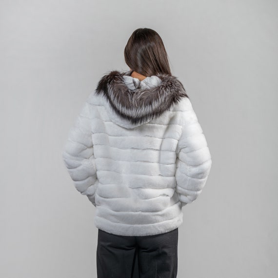 Rabbit Fur Jacket With Fox Fur Details in White Color - Etsy Rabbit Fur Jacket With Fox Fur Details in White Color - Etsy