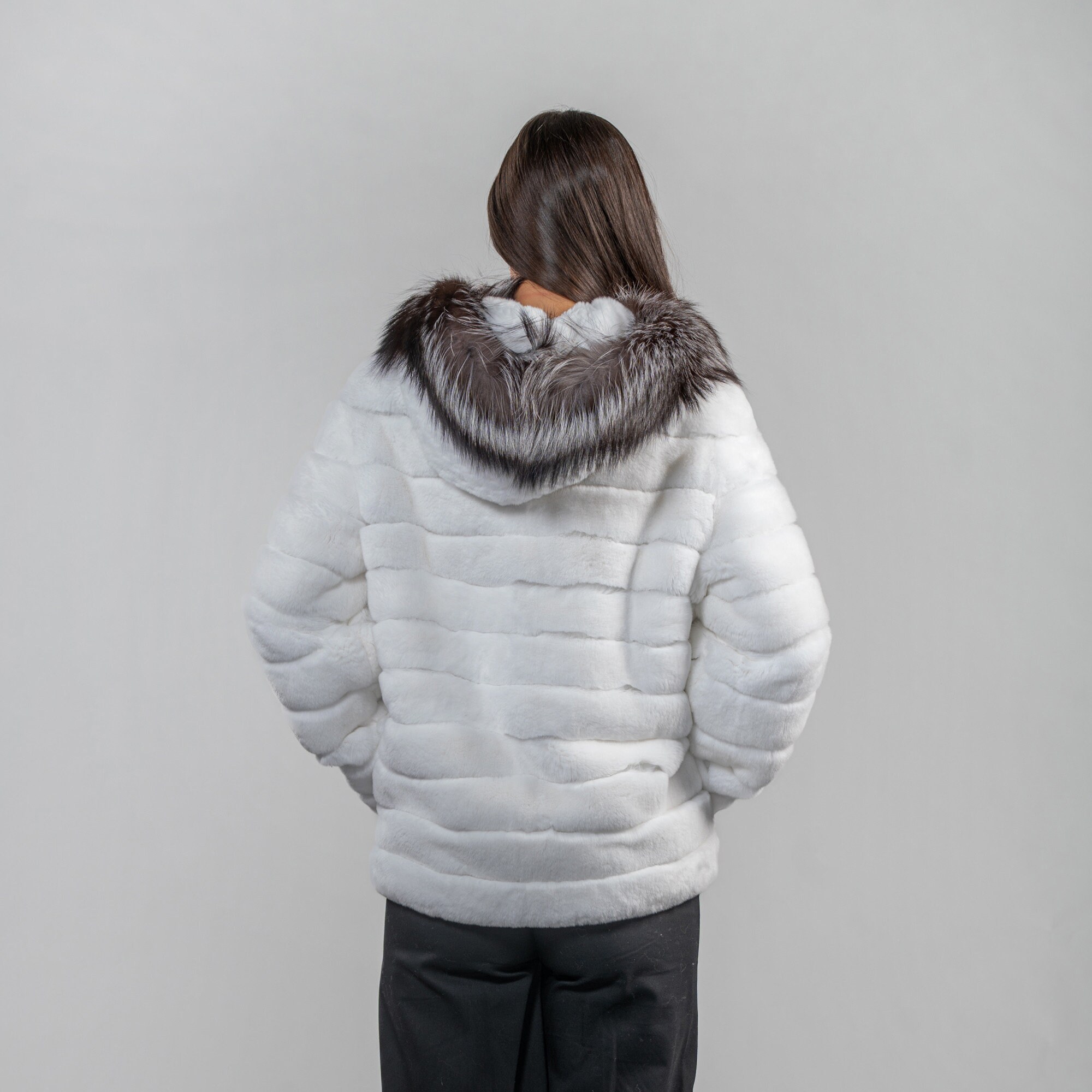 Rabbit Fur Jacket With Fox Fur Details in White Color - Etsy Rabbit Fur Jacket With Fox Fur Details in White Color - Etsy
