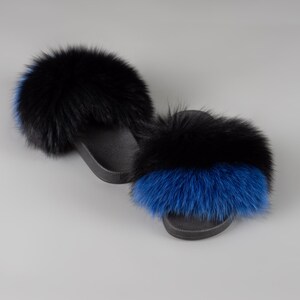 Fox Fur Slides In Blue Black Color Fluffy Fur